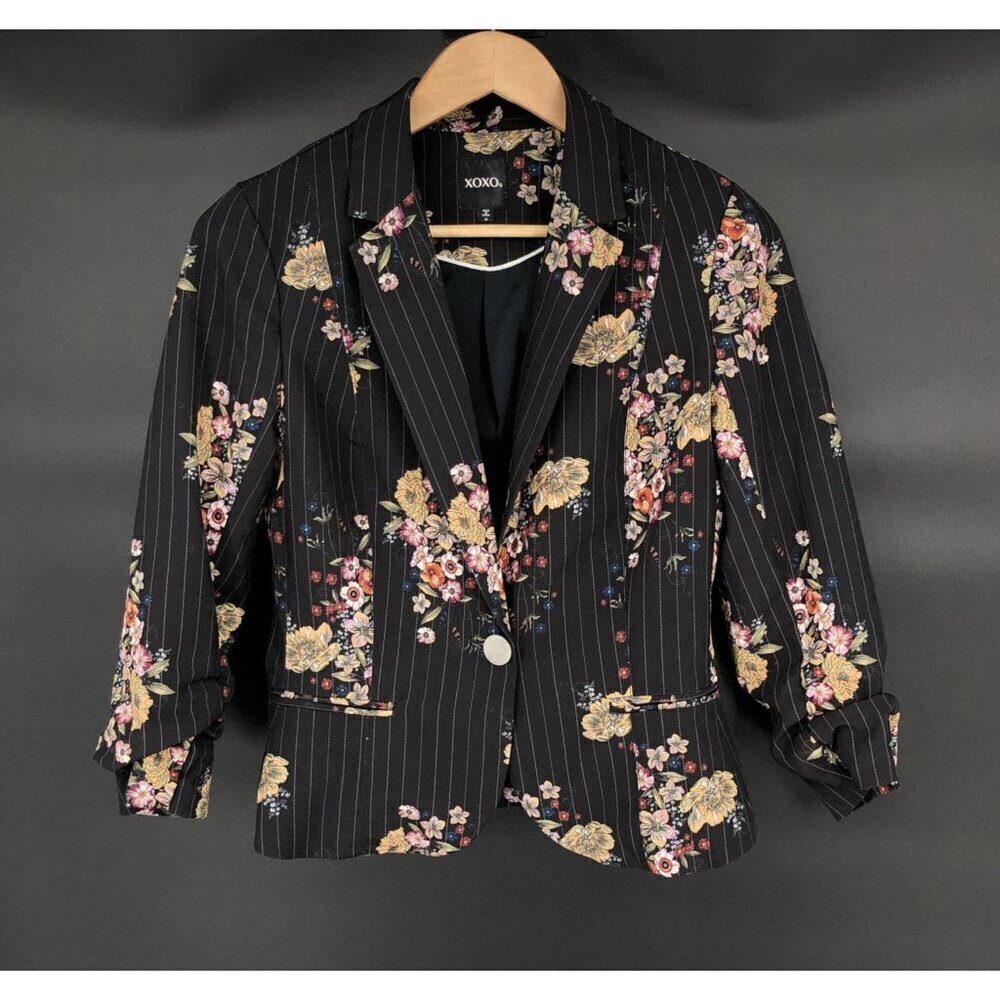 Xoxo Womens Floral Pinstripe Blazer Size M Black Ruched 3/4 Sleeves Y2k Office